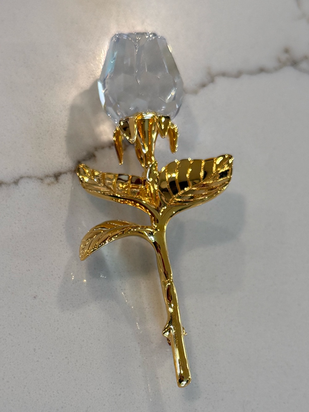 Swarovski Gold Rose Stem Brooch with Clear Crystal Bloom - Women Jewelry